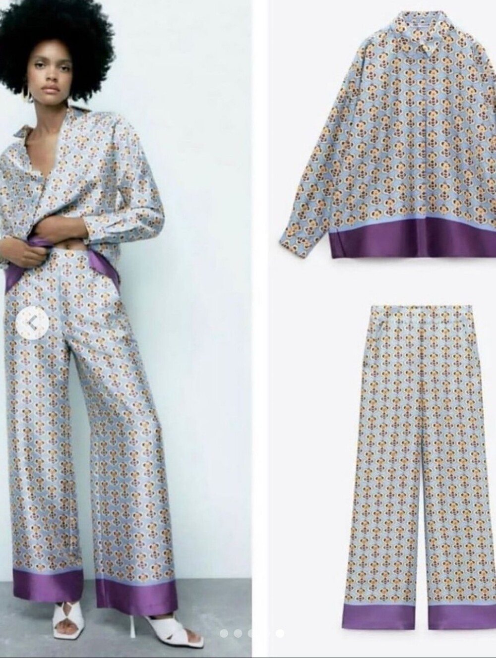 Zara Light Blue Floral-Pattern Wide-Leg Pants and Top Set